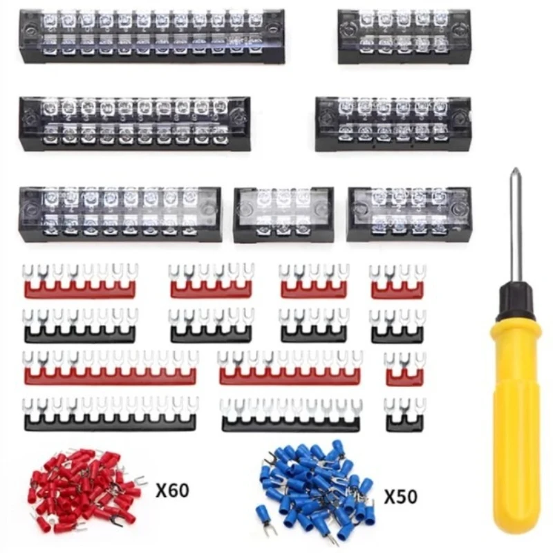 7sets Dual Row Strip Barrier Screw Terminal Block Fixed Wire Connector with 110pcs Crimp Terminals and Screwdriver