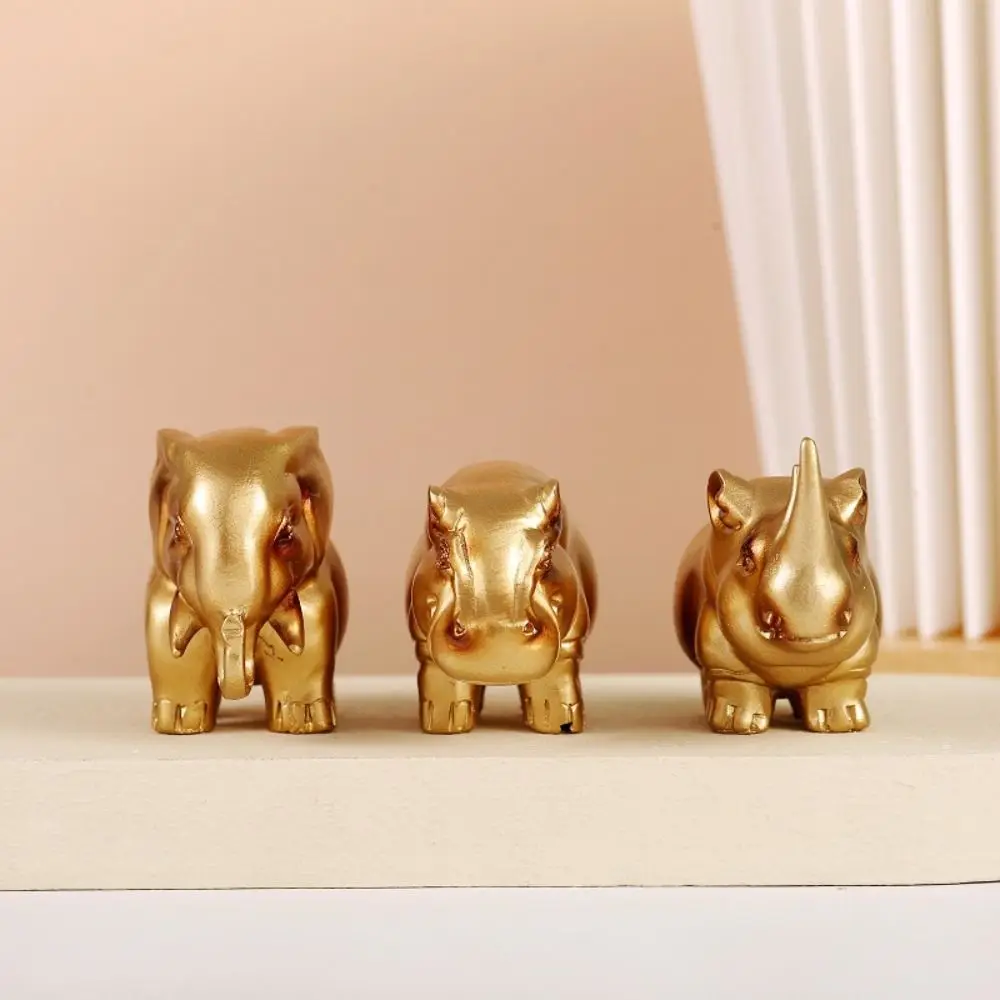 Gold Rhinoceros Elephant Hippos Figurine Cute Resin Crafts Lucky Elephant Figurine Handmade Desktop Animal Ornament