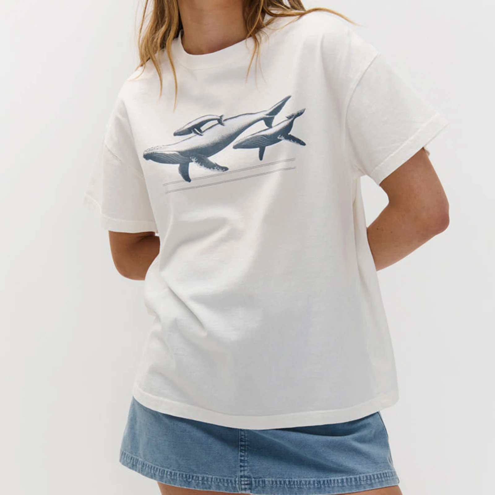 Camisetas informales Vintage para mujer, camiseta holgada de manga corta con cuello redondo y estampado de vida marina, suave y elegante, para verano