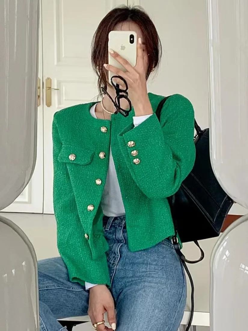 

Chic Spring Gentle round Ne Metal Single Button Loose Versatile Small Fraance Sle Thiened Woolen ort Coat