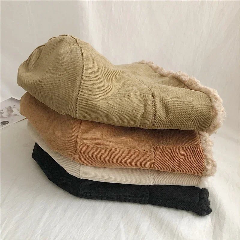 Autumn Winter Warm Bucket Hat Solid Fisherman Hat Corduroy Beanies Hats Reversible Hip-Hip Cap Soft Suede Lamb Wool Hunting Hat