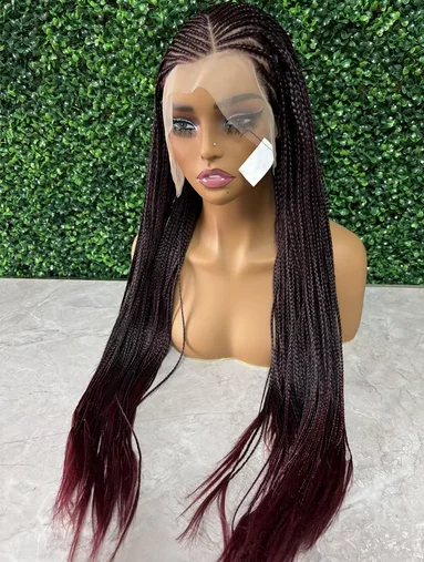 Fashion Lace Closure Braided Wigs Straight 1B/99J Synthetic Knotless Box Crochet Braids Hair Wig for Black Women Pre Plucked