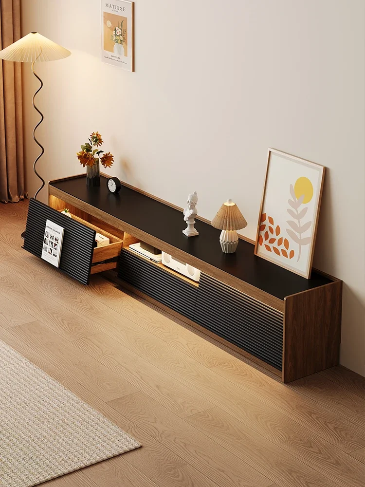 

TV cabinet Floor cabinet Solid wood walnut medium and antique coffee table combination Advanced video cabinet Rock slab TV floor