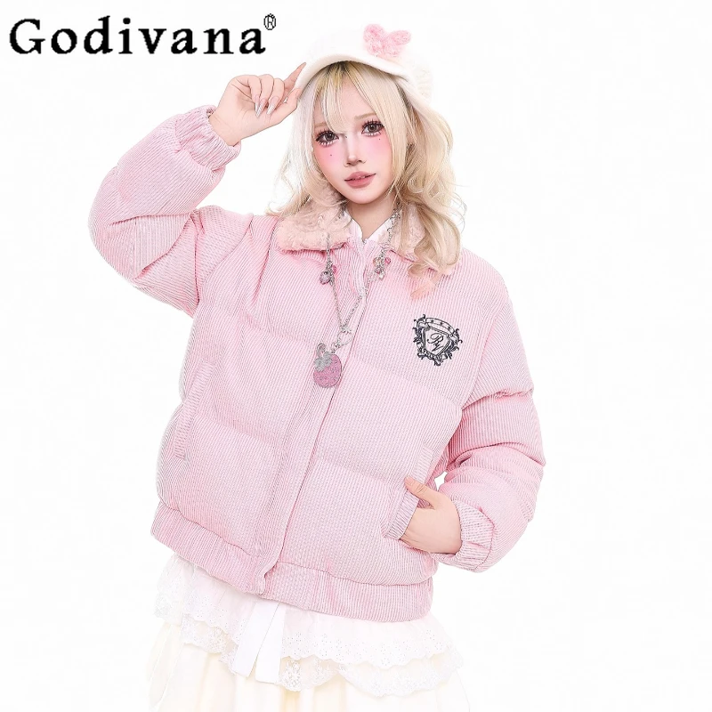 سترة نسائية منتفخة سميكة متعددة الاستخدامات بياقة صوف خروف عتيقة سترة قطنية شتوية غير رسمية يابانية