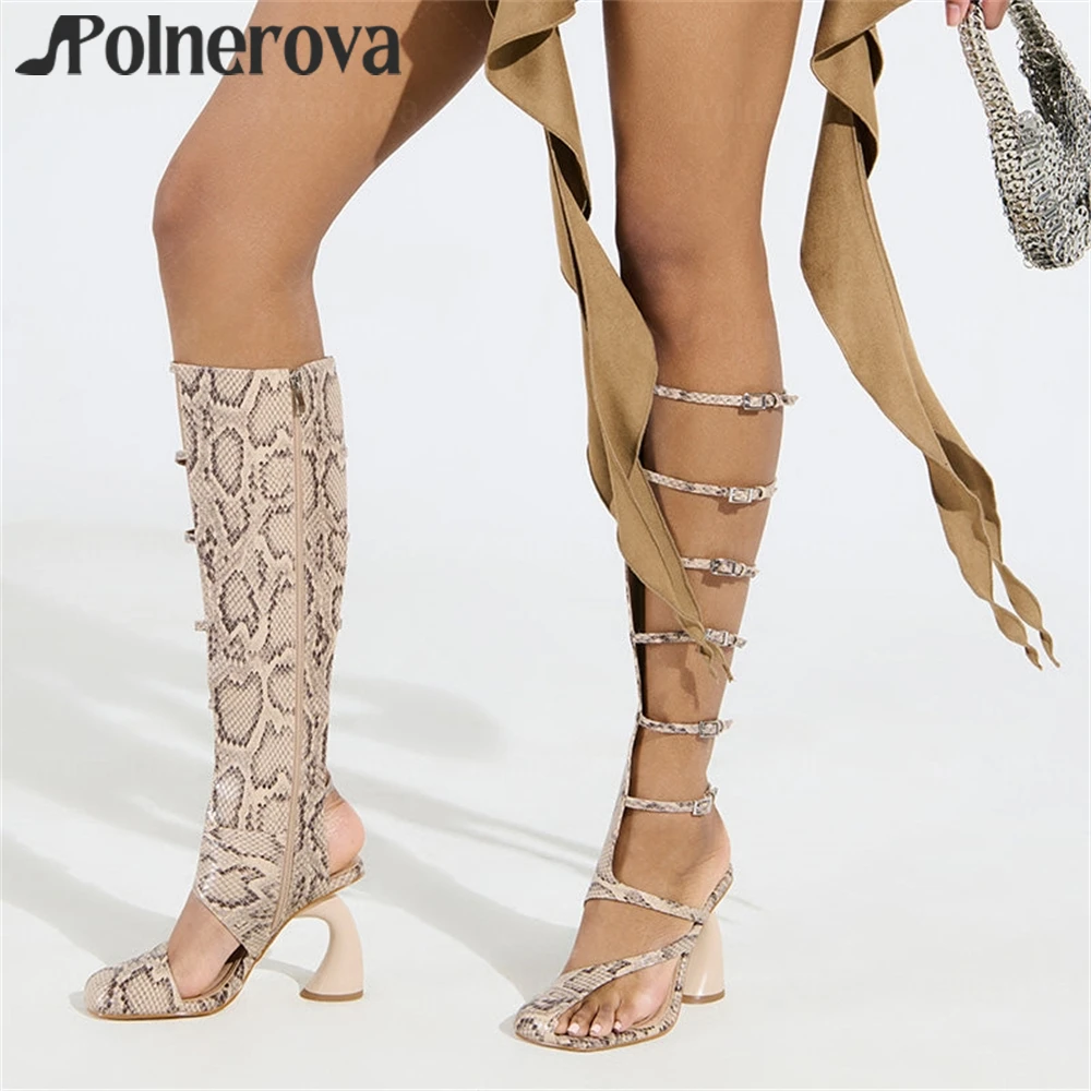 

Sculpted Chunky Gladiator Sandals Half-Open Square Toe Knee-High Sandal Boots Customizable Multicolor Buckle Novelty Style Boots