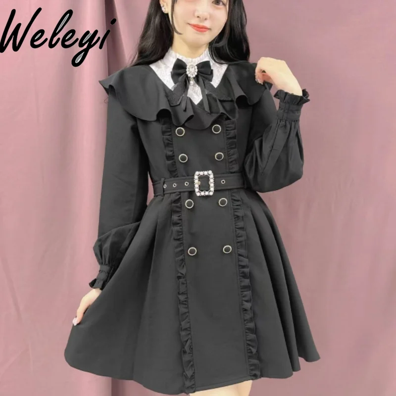 

Autumn Japanese Jirai Kei Black Bow Dress Women Sweet Mine Massed Produced Rojita Long Sleeve Black Trench Coat Dresses Student