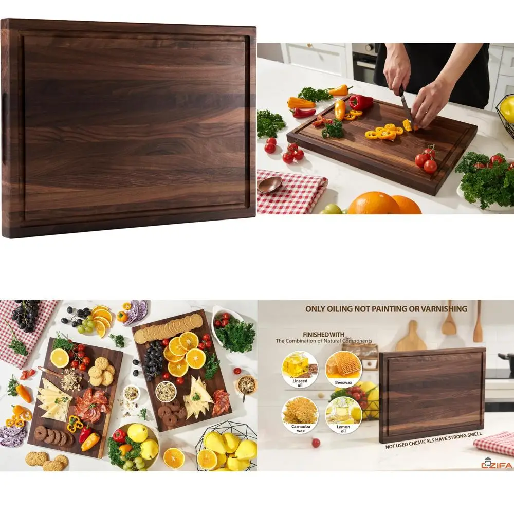 

Thick Wooden Cutting Board 17x12x1 Inch with Juice Groove and Inner Handles, Ideal Kitchen Accessory for Durability and Convenie