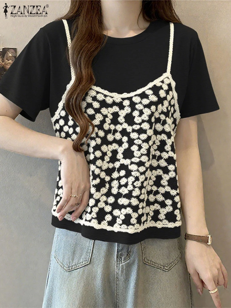 

ZANZEA Fashion Embroidered Tulle Patchwork T-Shirts Woman Elegant O-Neck Short Sleeve Tees Summer Streetwear Fake Two-Piece Tops