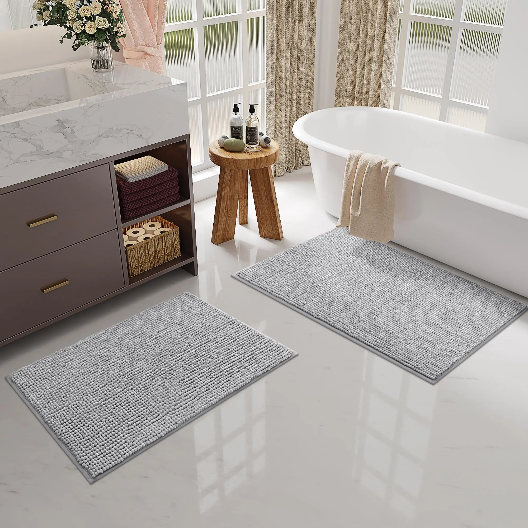 Olanly Chenille Bathroom Mats Ultra Soft Absorbent Bath Non-slip Rugs Washable Shower Mats Thick Plush Microfiber Floor Carpets