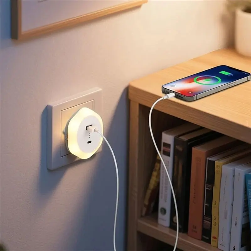 PTST USB Plug Night Light With EU Type-C Charger Charging Port Auto Light Sensor Dimmable Warm White LED Power Supply Lamp EU