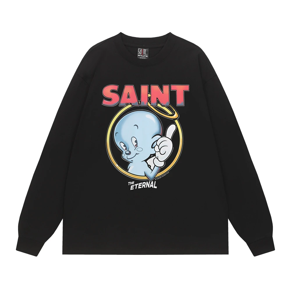 Cartoon Angel Print SAINT Long Sleeves T Shirt Men Women Unisex Cotton Oversized Tee Tops T-Shirt With Tags