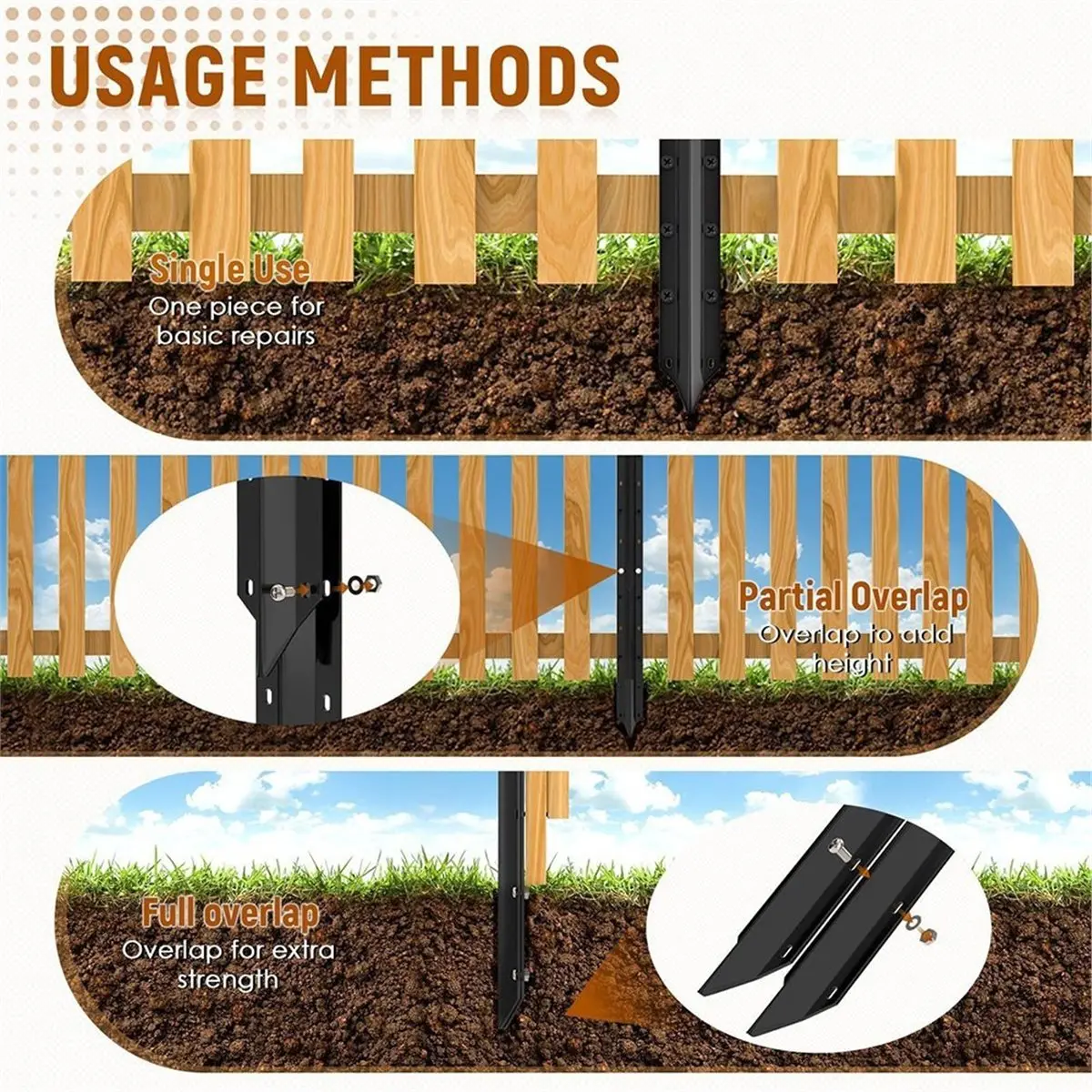 Fence Post Repair Kit Steel Stakes with Installation Tool and Screws for Wooden Fence Support Column Black