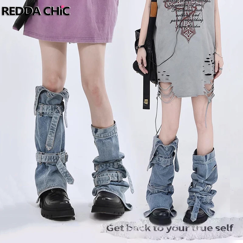 

REDDACHiC Denim Blue Asymmetric Women Leg Warmers Bulit-in Rubber Bands Boots Cover Solid Belt Long Socks Vintage Y2k Streetwear