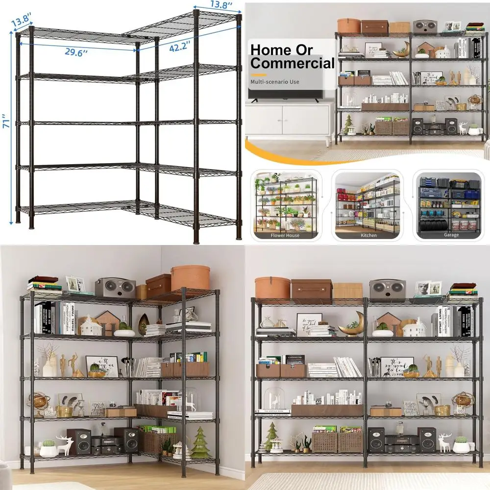 Scaffali Metallici Resistenti da 147 cm, 5 Ripiani Regolabili per Dispensa, Cucina e Garage - Nero