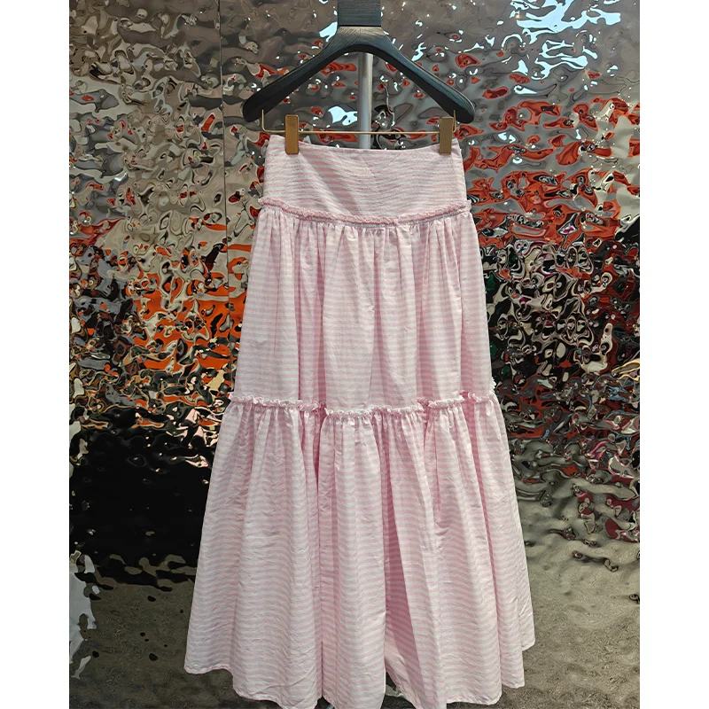 Striped Pleated Skirt High Waist A-line Loose Ruffle Skirts Korean Style Female Elegant All-match Pink Mid-length Fashion Summer