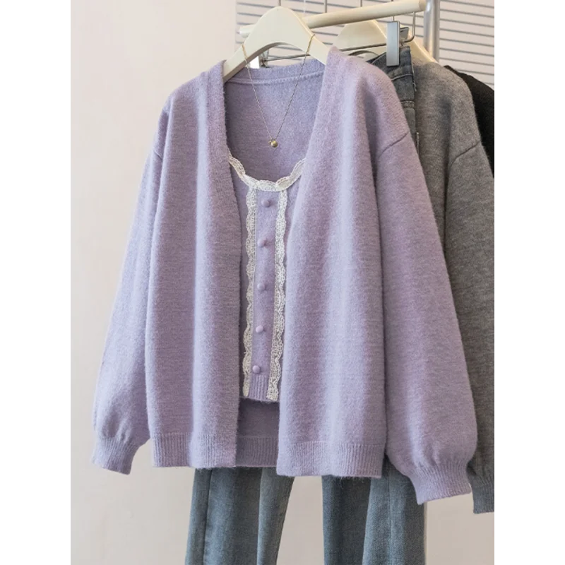 

Knitted Cardigan Suit Women's Autumn New Korean Style High-Quality Sweater Jacket Camisole Two-piece Set