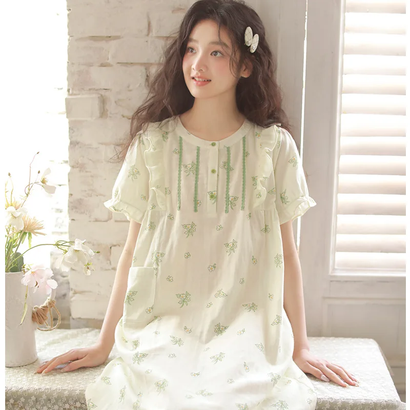 

Spring Summer Women Sleep Dress Short Sleeve Sweet Print Cotton Gauze Round Neck Nightgown