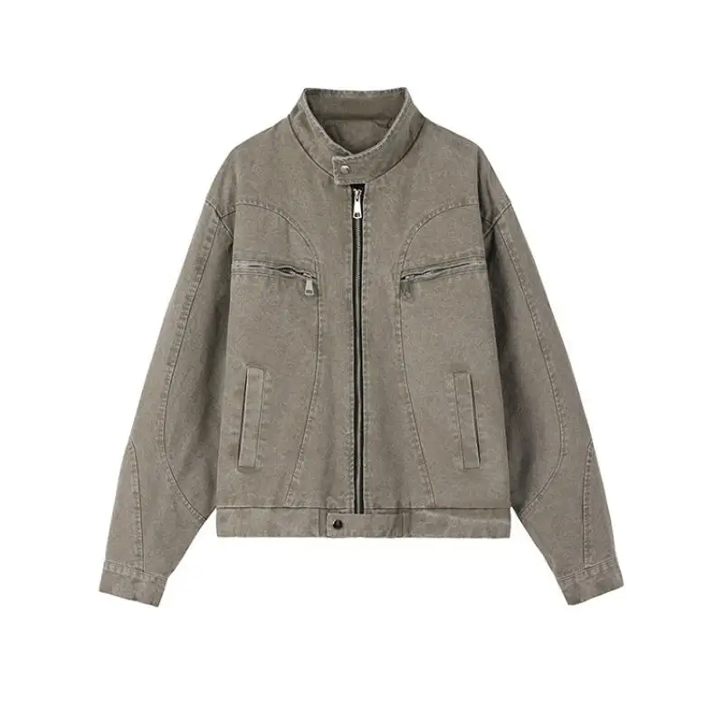 

2025 Spring Autumn Men Washed Workwear Jackets Casual Streetwear Outerwear Male Solid Color Stand Collar Coats Man Vintage Coats