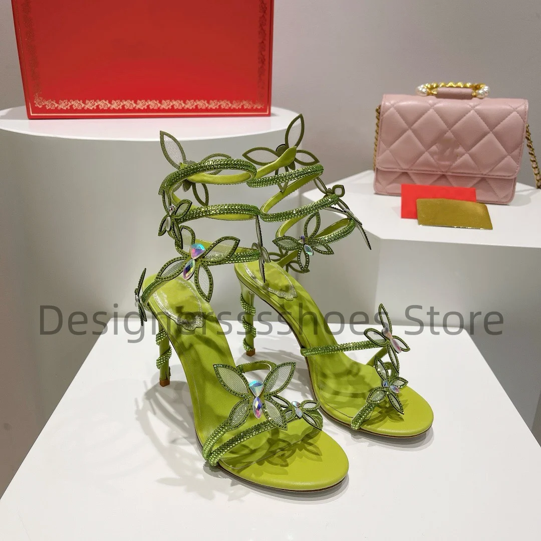 Butterfly Rhinestone Snake Ankle Wrap Heeled Sandals Silk Upper Sheepskin Lining Silver Leather Outsole
