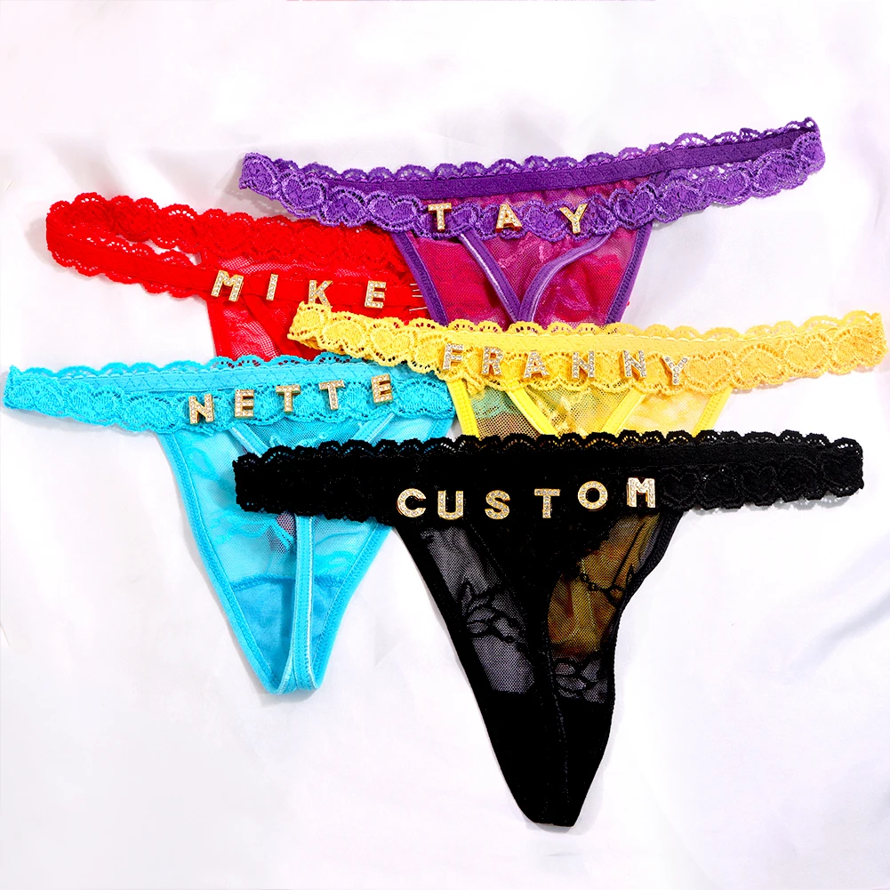 Bragas de Tanga con letras de encaje personalizadas para mujer, Bikini con iniciales de cristal, ropa interior, joyería corporal, regalos, envío