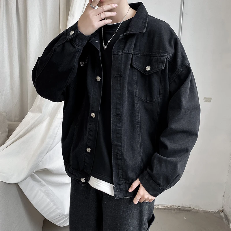 

Autumn New Sle Loose Men's Denim Jaet Pure Color Korean Version Student Trendy Vintage Workwear Jaet Long Sve Top