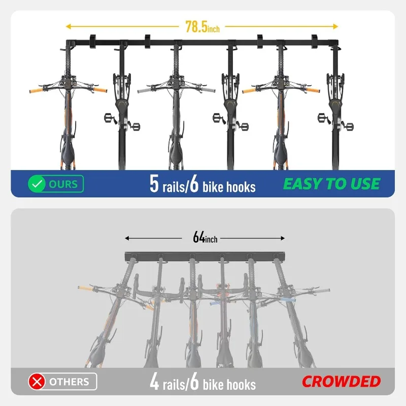 Garage Bike Rack, Adjustable 6 Bike Hangers for Garage, Equipped with 78.5in Extended Rail to Accommodate Various Bicycle Sizes