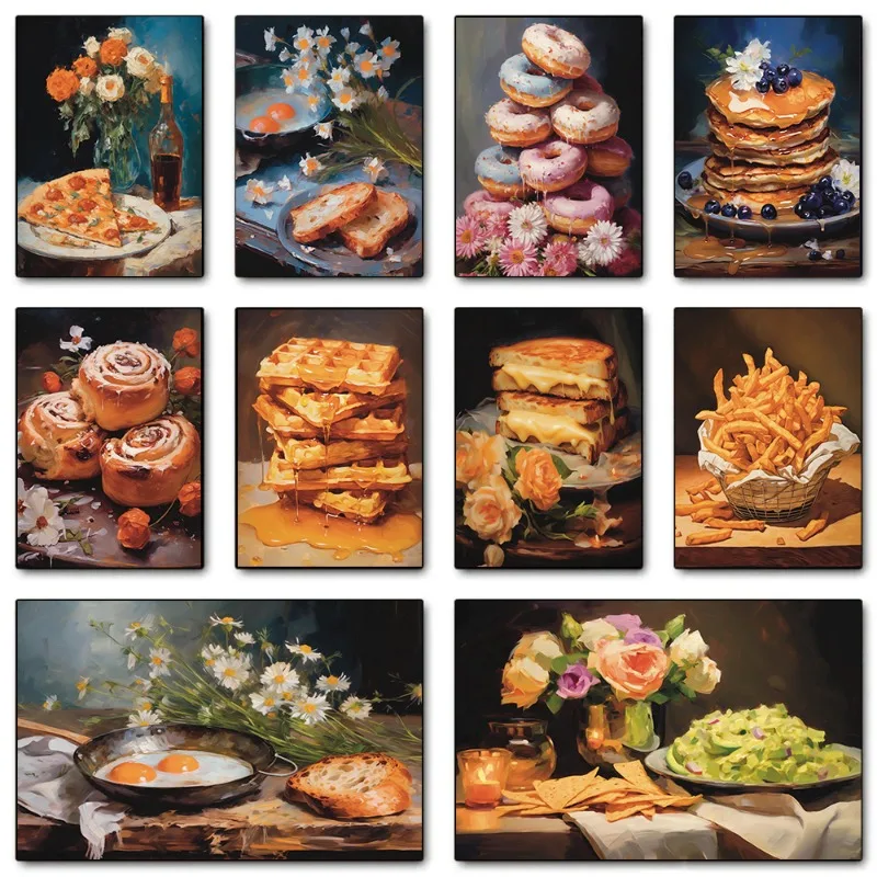 Fancy Food Bread Still Life Painting French Fries Donuts Pancakes Cheese Canvas Poster Art Kitchen Dining Room Home Decor Gift