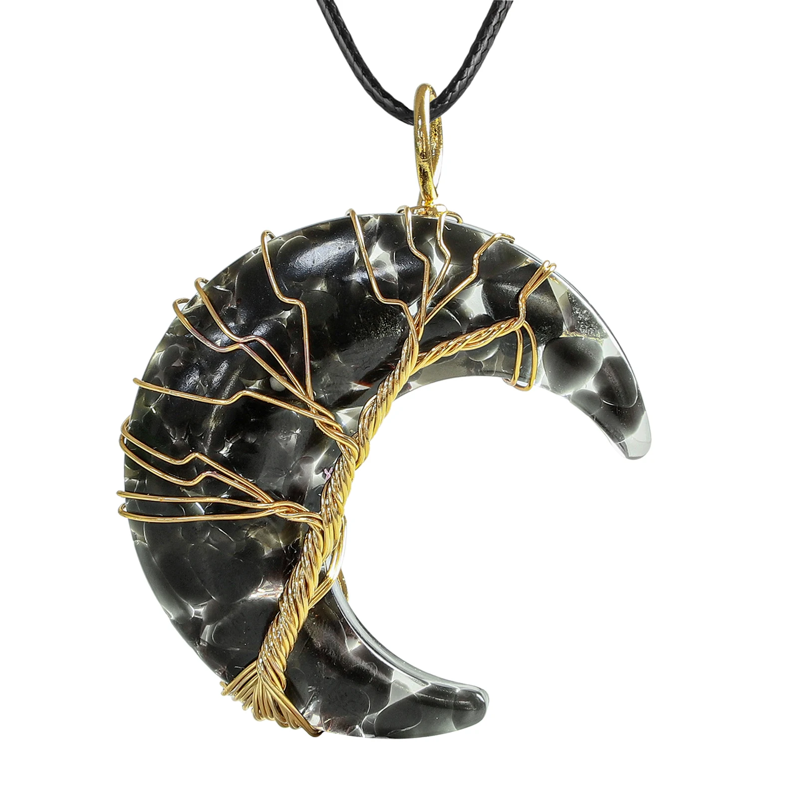 

Lovely Crescent Moon Resin Pendant Wire Wrapped Life Tree Natural Tumbled Chip Stones For Jewelry Making DIY Necklace