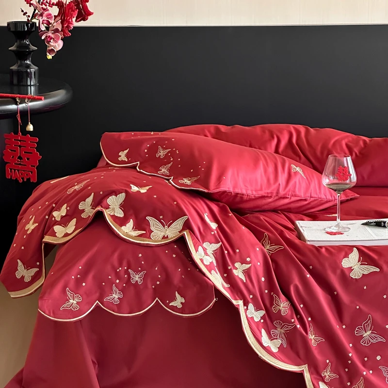 4/5Pcs Gold Butterfly Embroidery Luxury Bedding Set 1000TC Egyptian Cotton Queen King Size Duvet Cover Bed Sheet Pillowcases