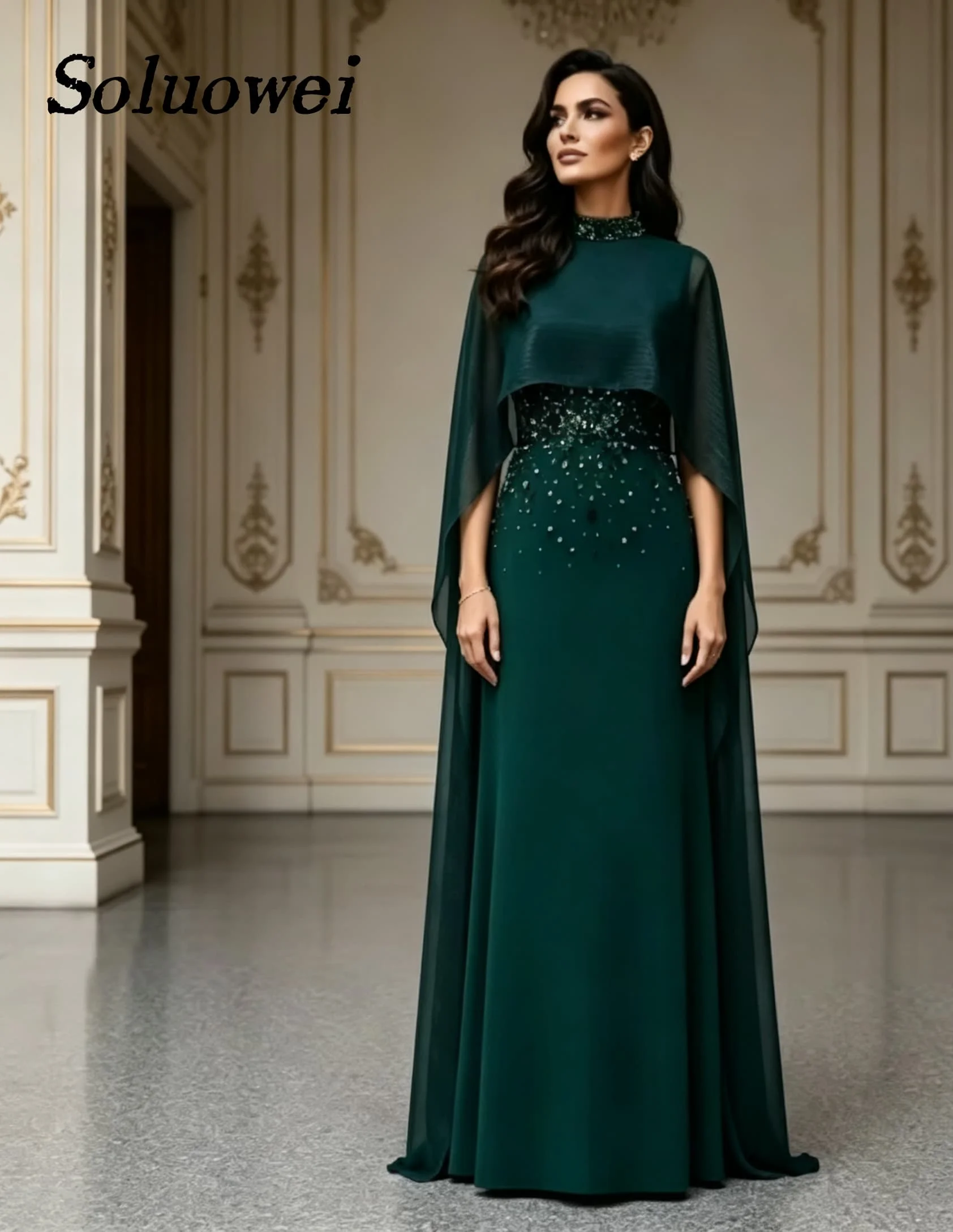 Luxury High Neck Beaded Cape Sleeve Prom Dress Floor Length Sheath Formal Party Elegant Evening Gown Customized Vestido De Festa