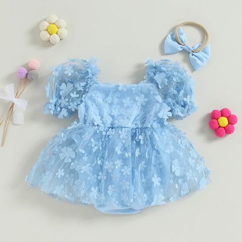 Summer Newborn Baby Girls Rompers Dress Flower Embroidery Mesh Short Sleeve Bodysuits Jumpsuits Headband Sweety Girls Outfits