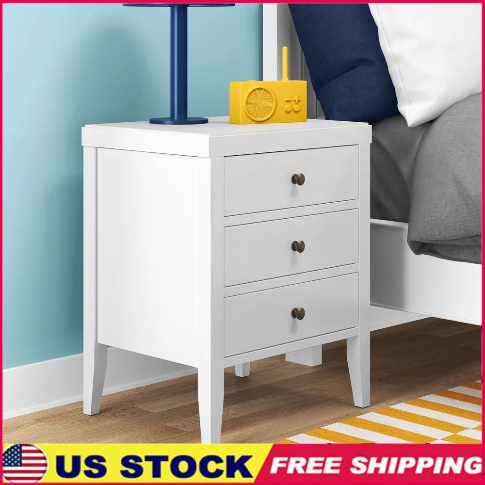 

Solid Wood Nightstand with 3 Drawers Functional Storage Clean Lines Fully Assembled Antique Bronze Knobs Bedroom Furniture
