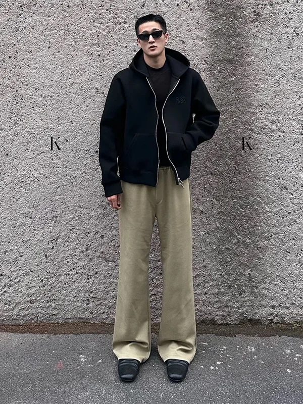 

Khaki Fitn Sports Sweatpants Men's Autumn Winter Soft A-Line Modal Pants American Micro Flare Knife Pants Straight Tube