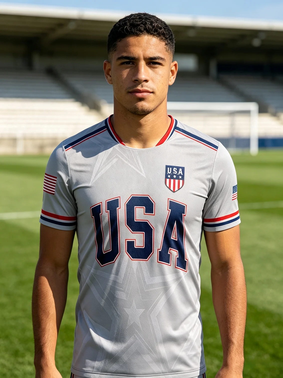Premium‑grey USA soccer jersey with Statue‑of‑Liberty back‑print, contrasting cuffs create trendy fan‑wear aesthetic