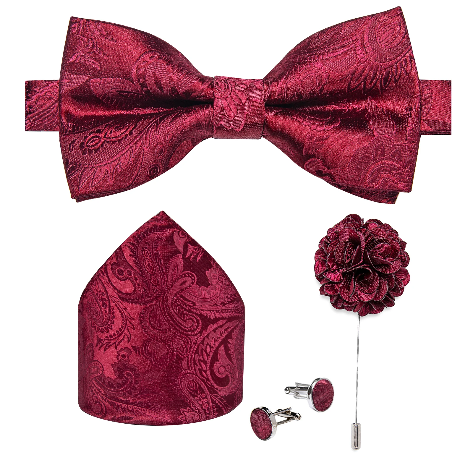 Hochzeitsfliege für Herren, klassisch rot, vorgebundene Fliege, Manschettenknöpfe, Ansteckblume, Set für Partys, Schmetterlingsknoten, Geschenk, Herren-Accessoires – Detail 13