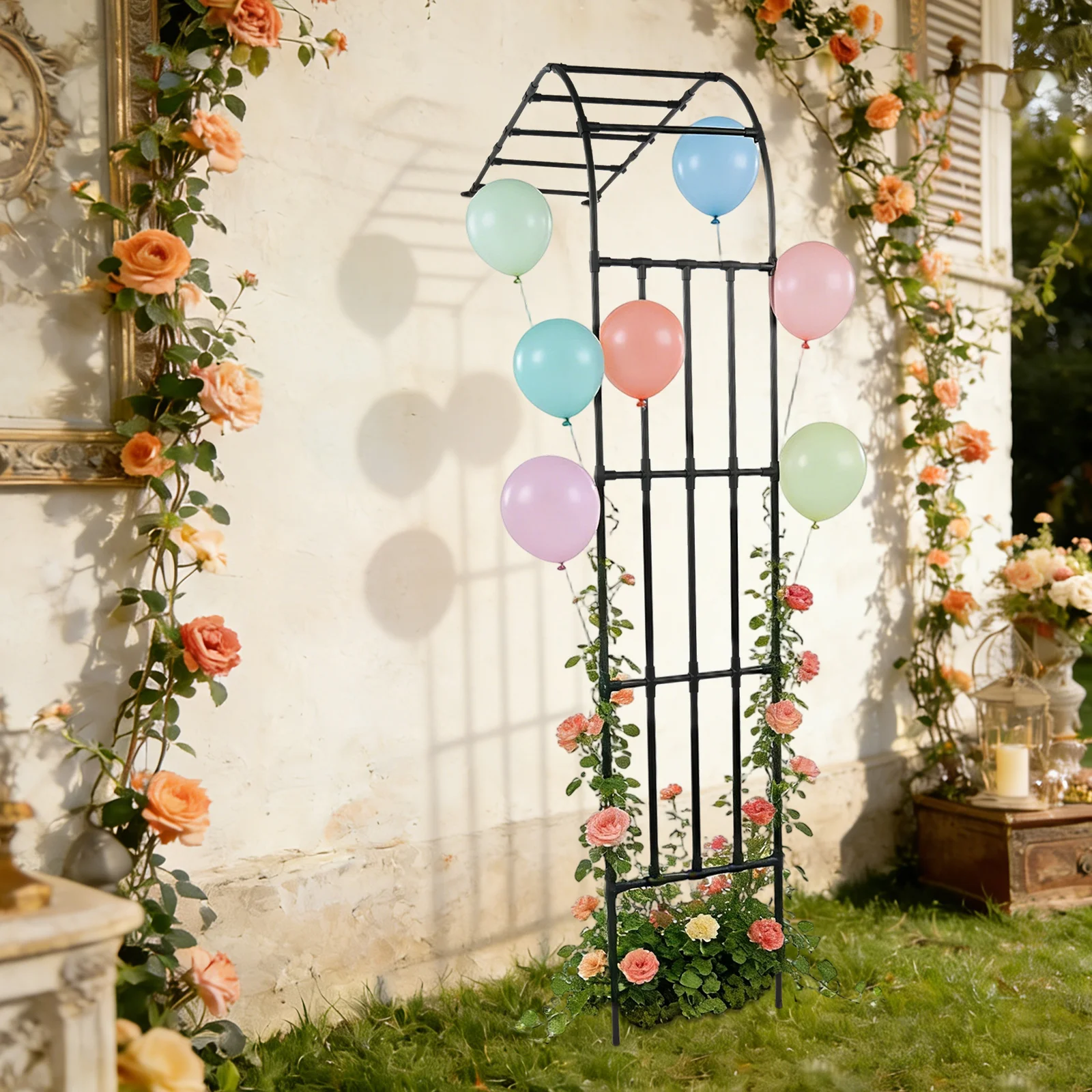 1.8*2.6m/2.2*2.6m/2.4*2.6m Half‑Side Garden Arch Trellis, Zinc‑Plated Steel Plant Climbing Support, Black Semi‑Frame Arch For Wedding, Patio, Lawn, Courtyard Decoration