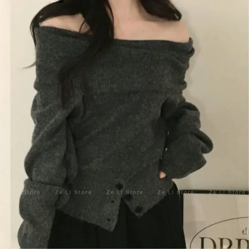 One-word Neck Sweater 2026 Autumn and Winter New Niche French Design Soft Waxy Comfortable Pullover Knitted Sweater Women
