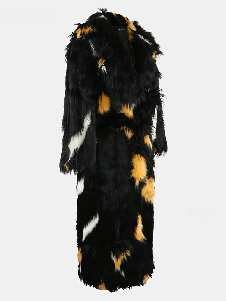 Nerazzurri Women's Long  Fur Coat Eco-friendly Color Block Design Belted Outerwear Korean Style Standard Fit Winter Coat