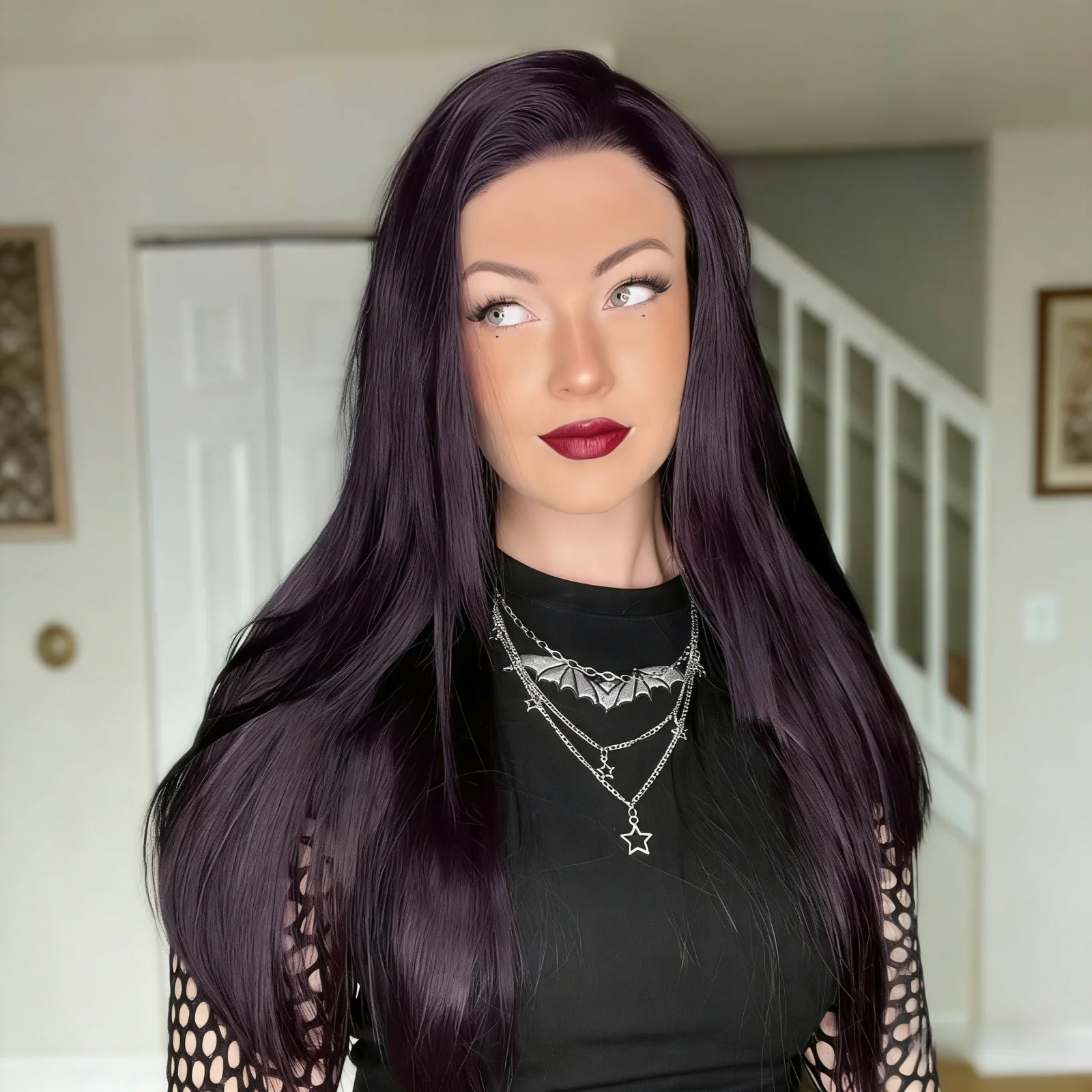 Straight Purple Wigs for Women Long Dark Purple Synthetic Hair Free Part Colored Wigs for Cosplay Party Daily Glueless 13X4 Lace