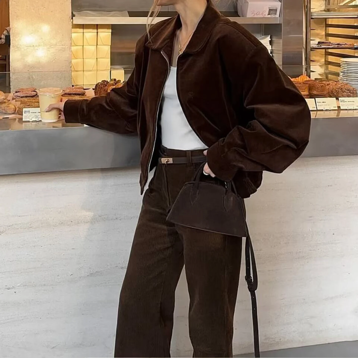 2025 Autunno delle nuove donne Faion Personali Semplice Pendolarismo Velluto a coste Jaet Capispalla Z Stand Fit Lungo Sve Cerniera