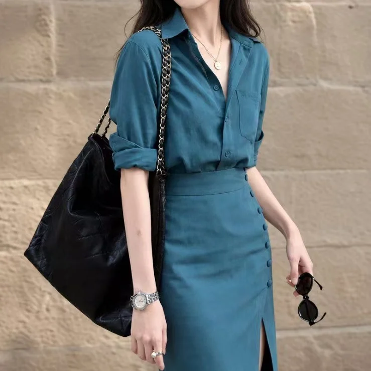Blue Shirt Set Women's Fashionable Popular Style Slimming Young-looking Complete Autumn Season Two-piece Set Ladies' Premium ...