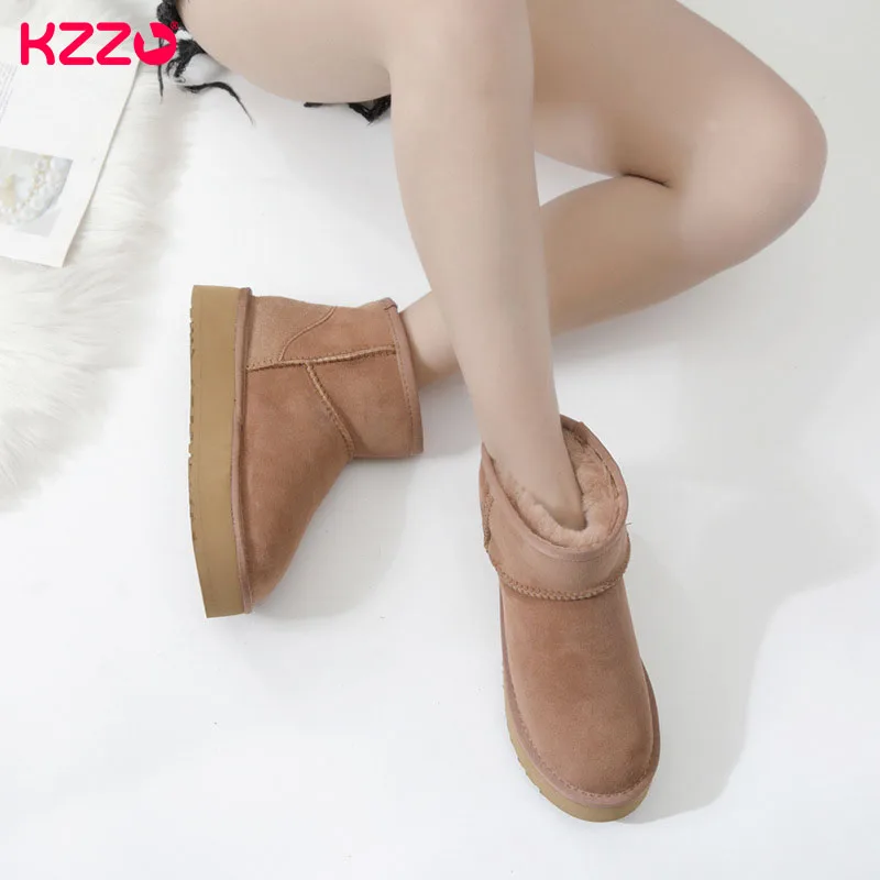 KZZO-Botas femininas de couro de camurça de carneiro, botas de neve forrado com lã natural, sola grossa, sapatos quentes, inverno