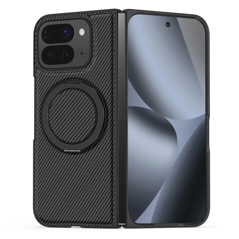 For Google Pixel 10 9 Pro Fold Case Kevlar Carbon Fiber Pattern Magnetic Plain PU Leather Folding Ring Stand Cover