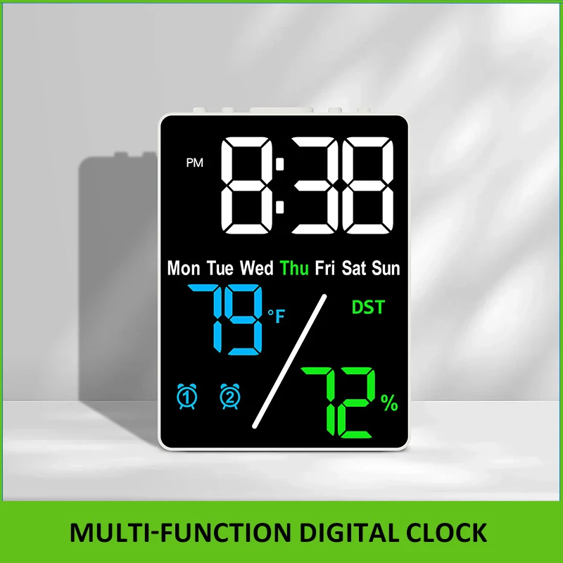 Multi-function Digital Alarm Clock Week Date Temperature Humidity Display Brightness Adjustment Two sets of Alarms Desktop Clock