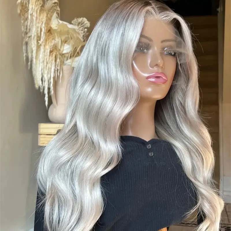 Peluca de cabello humano para mujer, postizo de encaje frontal, color gris claro y plateado degradado, encaje transparente, densidad de 180, 22 pulgadas, prearrancado