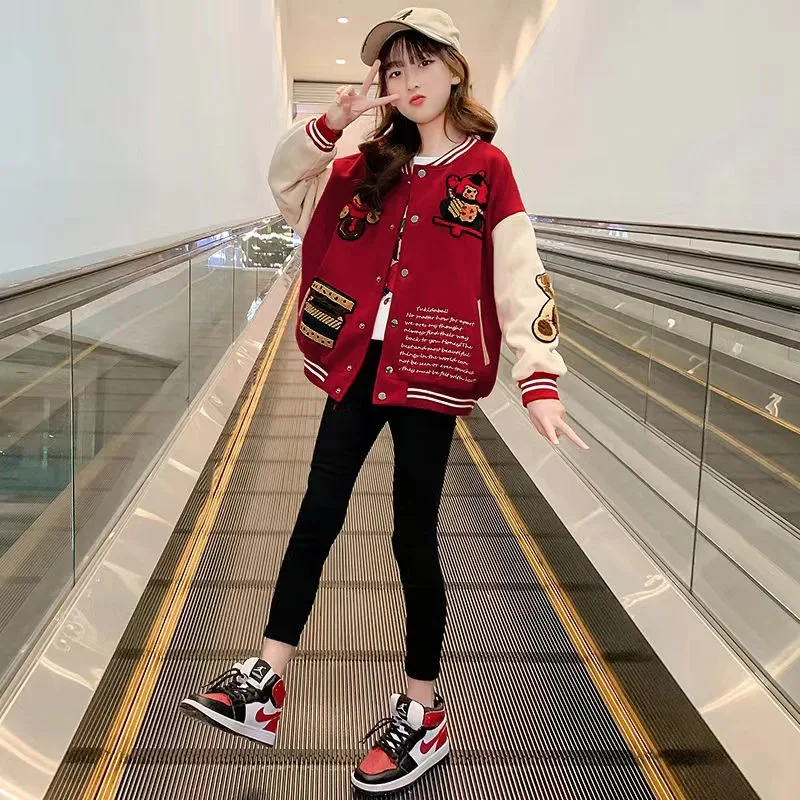 

2025 New Girls' Thermal Fleece Baseball Jacket for Big Kids Plus Size Winter Coat with Hood Warm Cozy