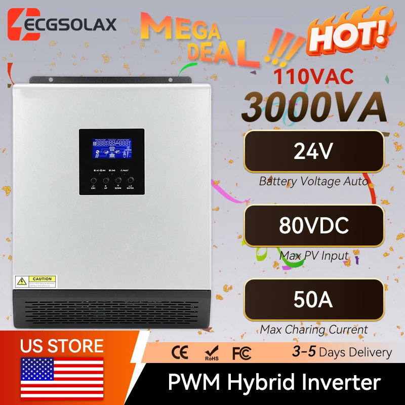 ECGSOLAX 3000VA Hybrid Solar Inverter 24V 110V/120V 2400W With PWM 50A Charging Controller Off-grid Solar Inverter Max PV 80VDC
