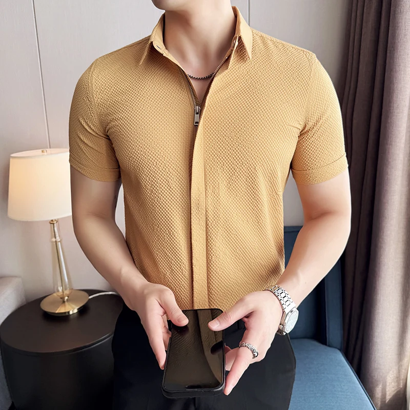 2025 Mens Light Business Office Shirts Men Casual Zipper Short Sleeve Shirt Male Slim Fit Solid Color Lapel Cardigan Fashion Top