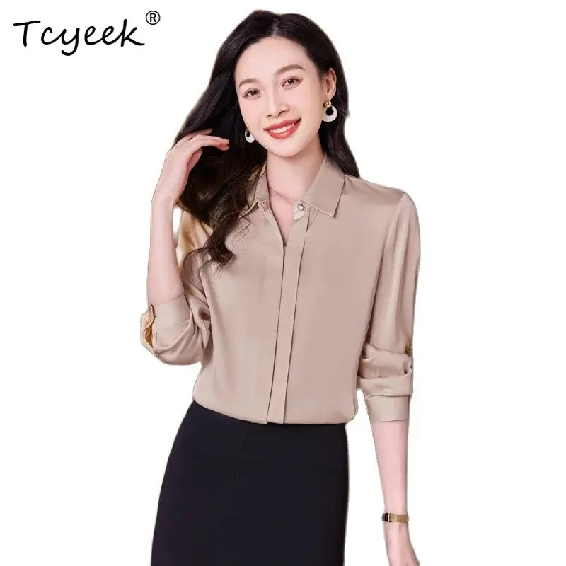 

Tcyeek, 91.2%Natural Silk Elegant Shirt, Women Long Sleeve Lapel, Fashion Versatile Office Lady Blouses, 2024 Autumn T46487QC