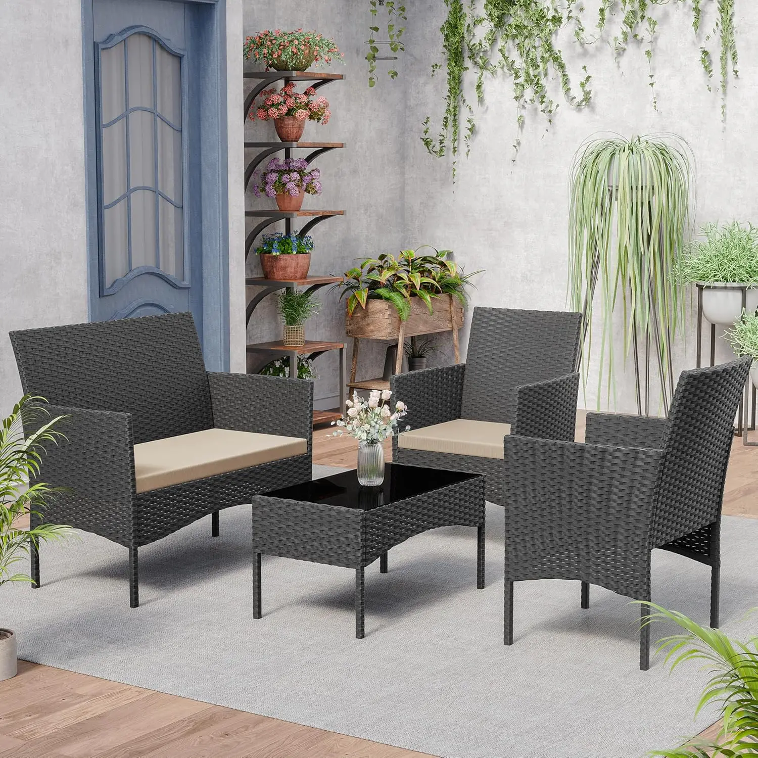 4-Piece Outdoor Wicker Rattan Conversation Set with Coffee Table, Rocking Bistro Chairs for Patio, Deck, Backyard